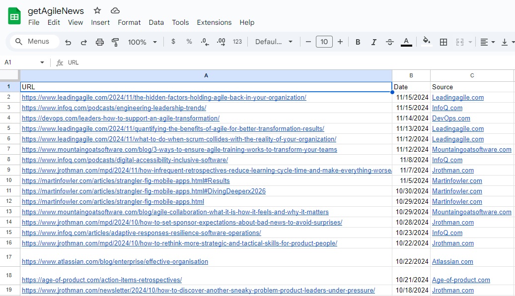 getAgileNews: A list of Agile articles with URLs, dates, and sources.